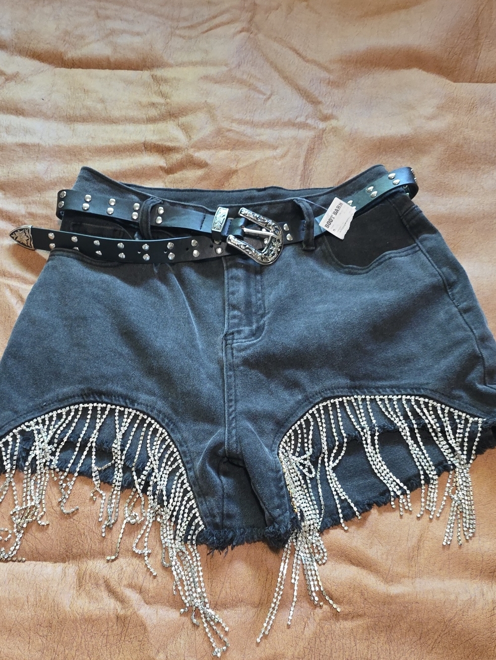 Studded Black Denim Fringe Shorts